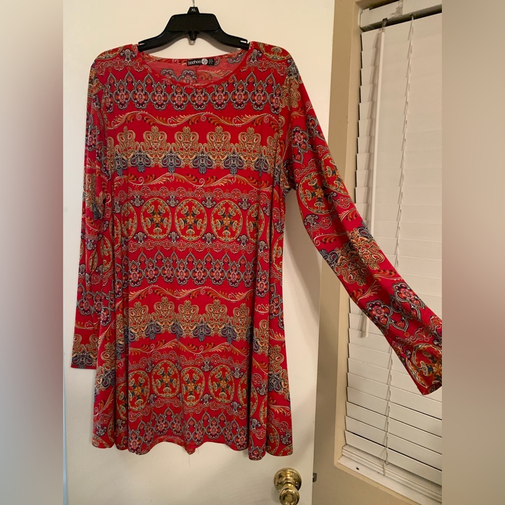 Boohoo Plus Orange Long Sleeve Swing Dress Boho Size 18